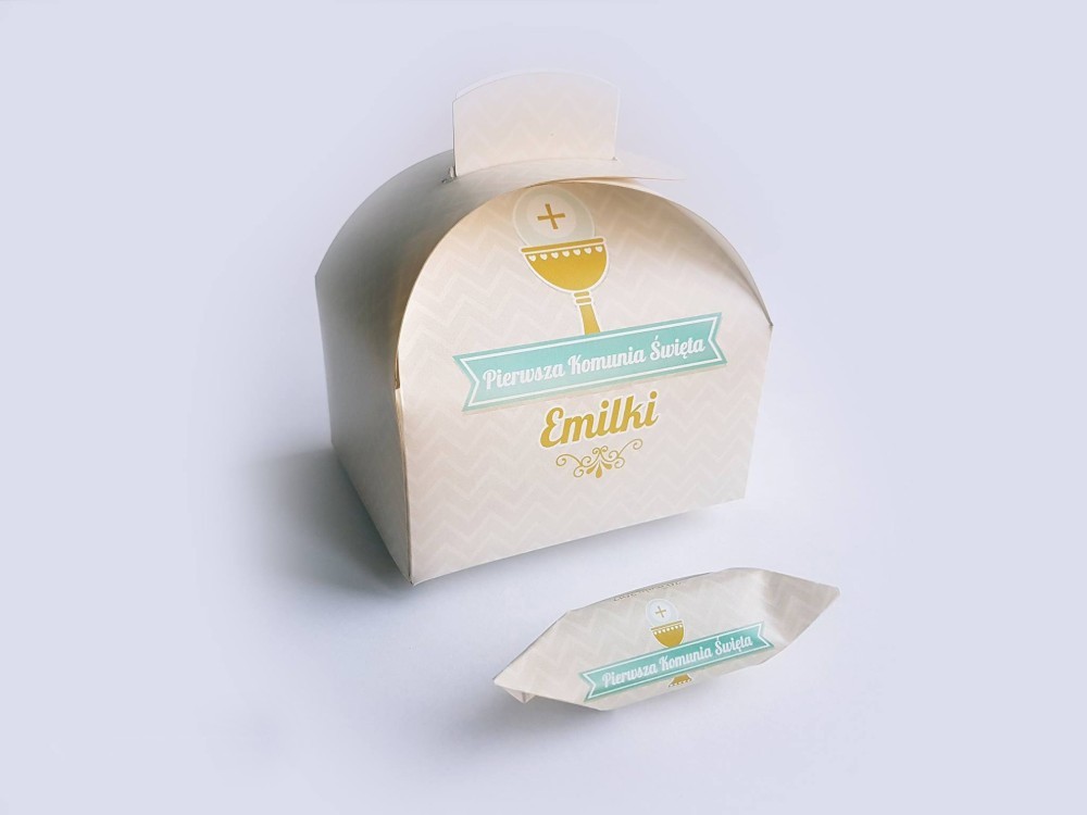 Christening fudge sweets with printed wrappers