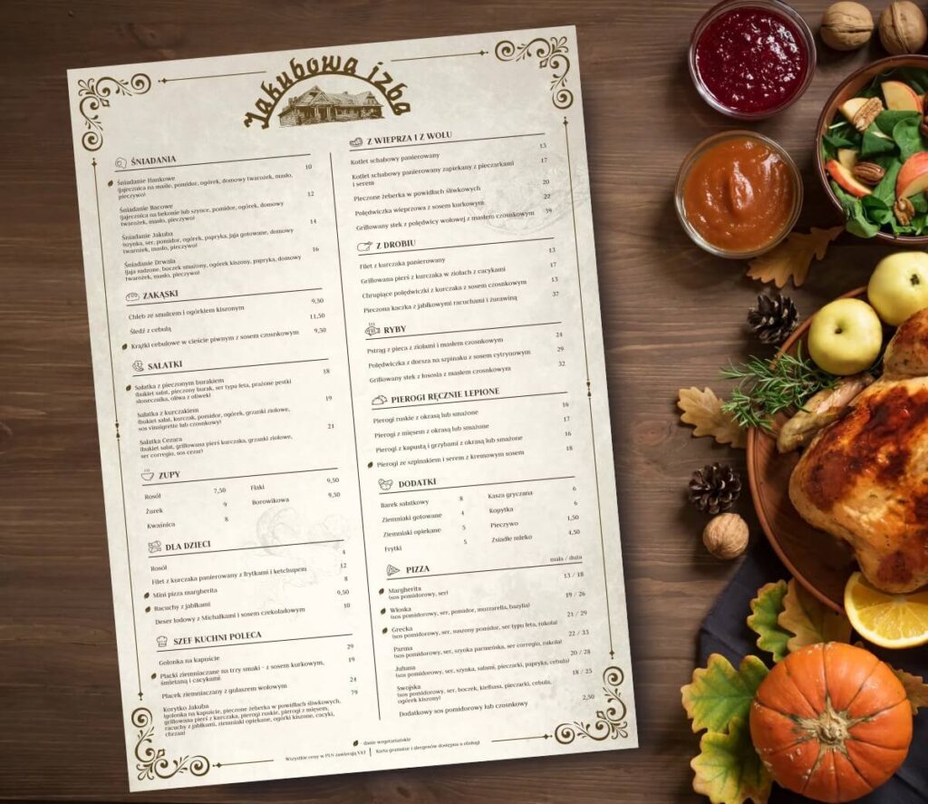Printed restaurant menu